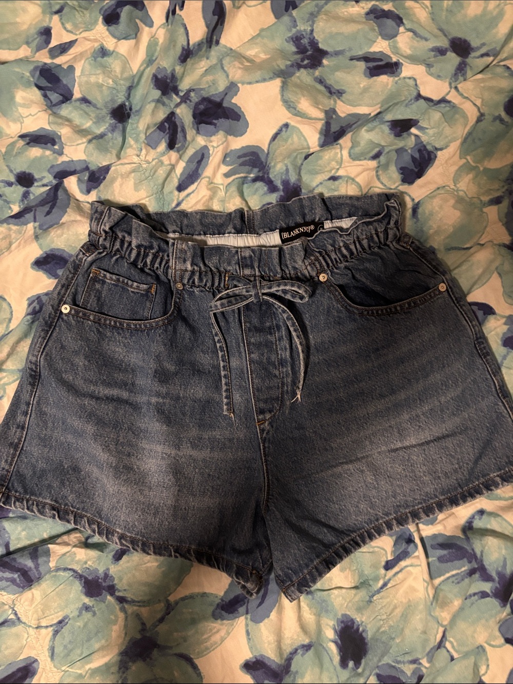 Blank NYC Blue High-Rise Paperbag Denim Shorts with Tie